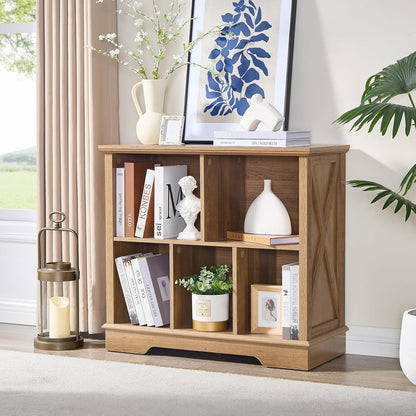 Farmhouse 5 Cube Bookshelf, Storage Organizer Bookcase, Kids Toy Storage Cabinet, Small Bookshelves Storage Organizer Shelf, Wood Display Cabinet Book Shelves for Bedroom,Living Room,Natural Oak