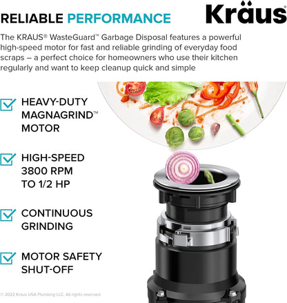 KRAUS WasteGuard 1/2 HP Continuous Feed Ultra-Quiet Motor Garbage Disposal with Quick Connect Mount, Power Cord and Flange Included, KWD110-50MBL