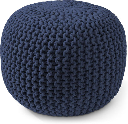 Casafield Round Pouf Ottoman, Navy Blue - 20" Diameter x 14.5" High Cotton Knit Foot Stool - Boho Floor Pouffe for Living Room, Bedroom, Home Office