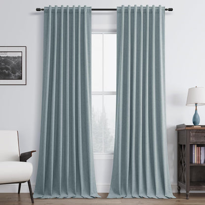BOODII 108 Inch Black Out Curtains 2 Panels Set Back Tab Thermal Insulated Natural Linen Textured Blackout Curtains Noise Reducing Stone Blue Neutral Living Room Darkening Window Drapes 52x108