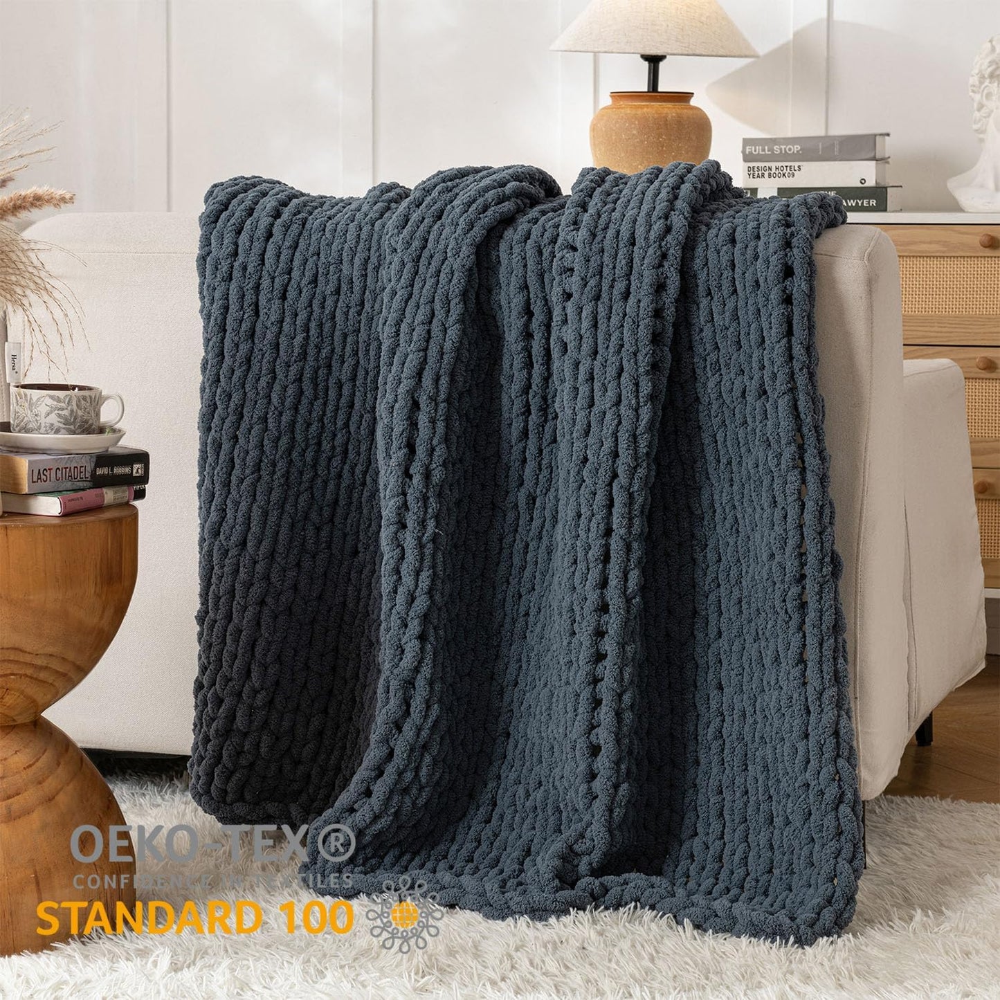 Chunky Knit Blanket Throw, 100% Hand Knit Throw Blanket Handmade Chenille Cable Knit Throw for Couch, Stylish Cozy Soft Rope Knot Crochet Blanket for Home Decor, Blue Mirage, 60x80 Inches