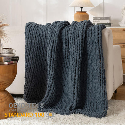 Chunky Knit Blanket Throw, 100% Hand Knit Throw Blanket Handmade Chenille Cable Knit Throw for Couch, Stylish Cozy Soft Rope Knot Crochet Blanket for Home Decor, Blue Mirage, 60x80 Inches
