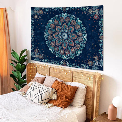 Fowocu Boho Floral Mandala Tapestry Wall Hanging Blue Bohemian Flower Medallion Tapestry Aesthetic Vintage Navy Hippie Indian Small Tapestries for Bedroom Living Room Dorm Decor 40 x 30 Inch