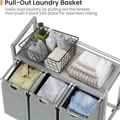 Laundry Hamper, Laundry Basket, Laundry Sorter with 3 Removable Bags, Clothes Basket with 3 Compartments, Wheels, Shelf for Laundry Room Bathroom Bedroom (3 Bags-Gray)