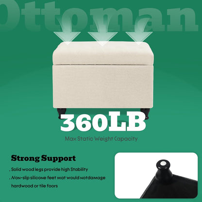 Ottoman with Storage 24'' Storage Ottomans Fabric Ottoman Footstools Small Upholstered Foot Rest Stool for Couch, Living Room, Bedroom, Entrance Shoe Bench Beige