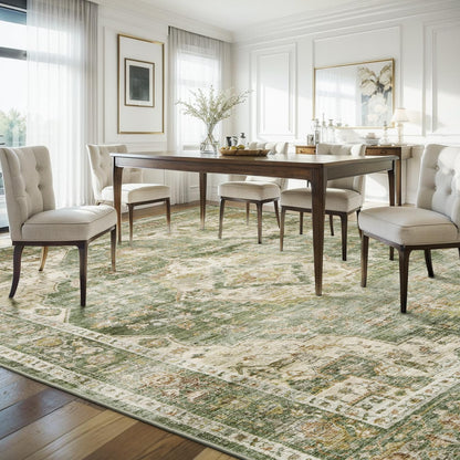 AMOAMI Vintage Soft Green Area Rug - 9x12, Non-Slip, Washable for Living Room, Bedroom, Dining Room, Office