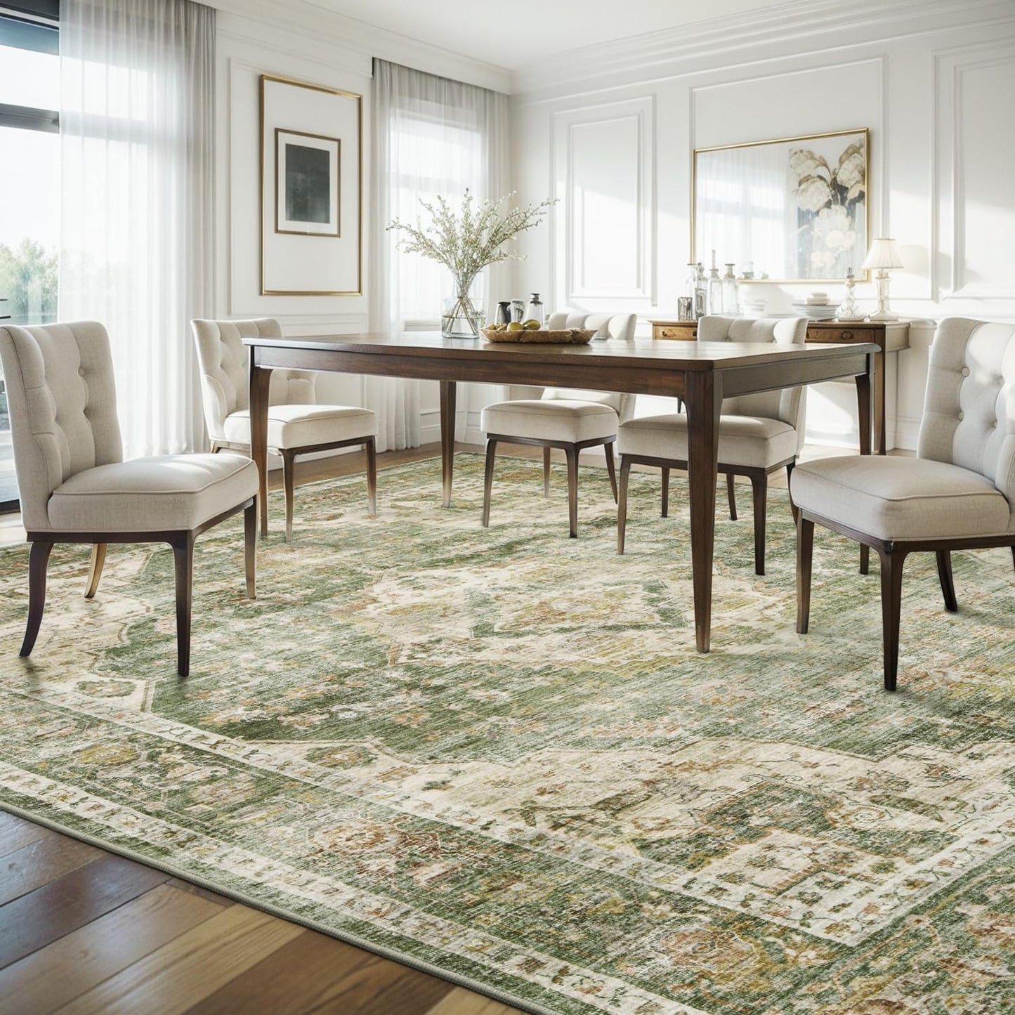 AMOAMI-4X6 Area Rugs for Living Room -Soft Vintage Bedroom Rugs-Non Slip Washable Rug-Throw for Living Room Bedroom Bedside Dining Room Office Green