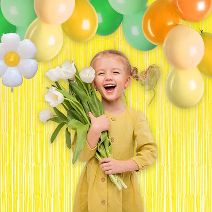 Yellow Streamers Party Backdrop - GREATRIL Foil Fringe for Pineapple/Lemon/Truck/Race Birthdays Party Decoration - 3.2ft X 8.2ft - 2 Packs