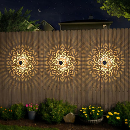 4 Pack Large Solar Fence Lights Metal Solar Powered Outdoor Wall Deck Step Lights Mandala Theme Waterproof Fence Light for Garden Post Patio Backyard Yard Decor, Gardening Gifts for Women Mom Grandma