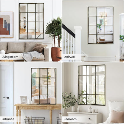 Windowpane Wall Mirror 30"x48" Bronze Wall Mounted Art Pane Mirror Farmhouse Decorative Mirror Leaning Hanging Wall Mirror for Bedroom Living Room Entrance Hallway Wall Decor