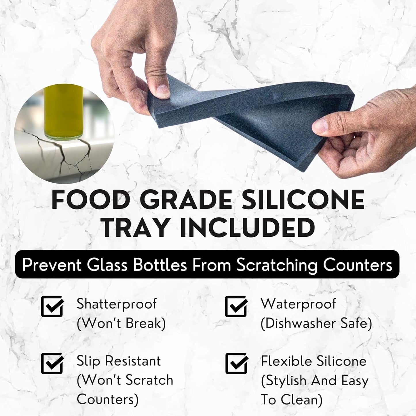 Olive Oil Dispenser Set With Silicone Tray & 40 Labels - 2 Black Bottles (500ml / 17oz) for Kitchen, Soy Sauce, Coffee Syrup