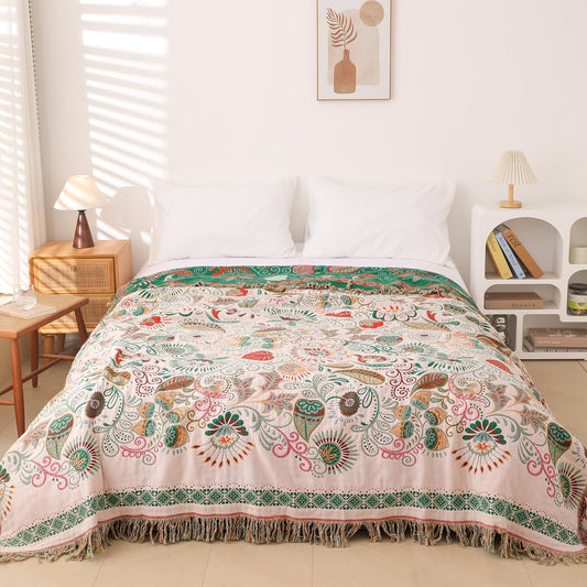 Snycler Cotton Bed Throw with Tassels, Double-Sided Bohemian Spring Flowers Plants Throws for Sofas, 60x80 inch Woven Warm Blanket for Single Sofa, Bedspread and Settee Couch Travel Green