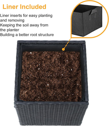 SUNNYPARK Set of 2 Large Square Planter with Removable Liner, All-Weather PE Rattan Modern Planters Indoor Outdoor Flower Plant Pots Garden Box Patio Yard Front Porch Deck