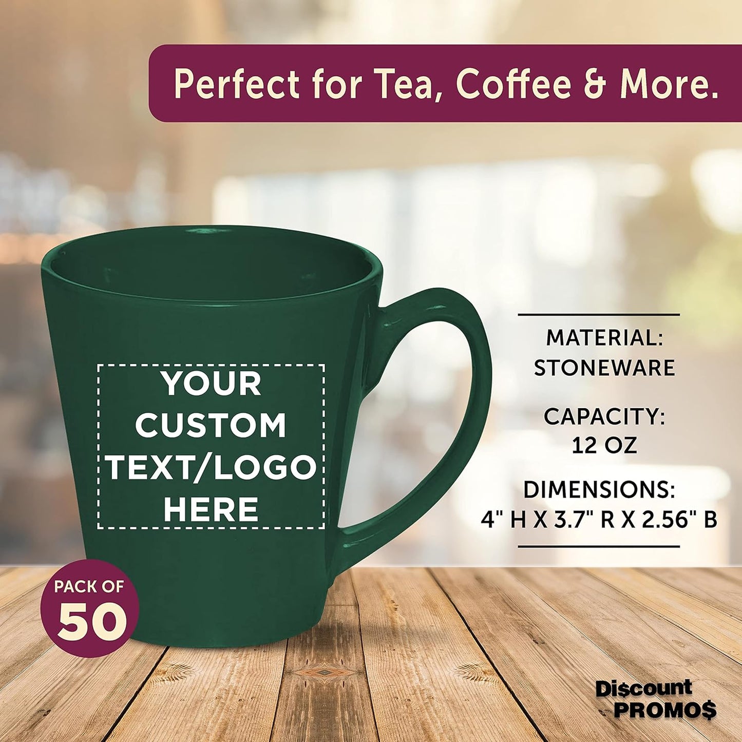 DISCOUNT PROMOS Custom Glossy Ceramic Latte Coffee Mug 12 oz. Set of 50, Personalized Bulk Pack - Perfect for Tea, Espresso, Cappuccino, Hot Cocoa - Green