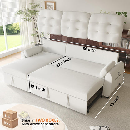 Ucloveria Sleeper Sofa Bed, 86" Convertible Sectional Sofa Couches for Living Room, 4 in 1 Pull Out Couch Bed with Reversible Storage Chaise | USB Ports | Side Pockets | Removable Backrest