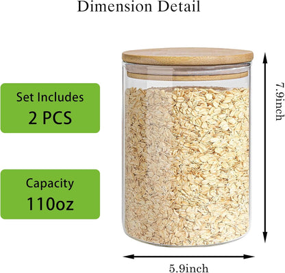 Glass Storage Jars Set Elegant Containers with Airtight Bamboo Lids, Perfect for Kitchen Organization - Flour, Rice, Pasta, Sugar, Coffee Beans, Accessories Included (2 packs(111oz))