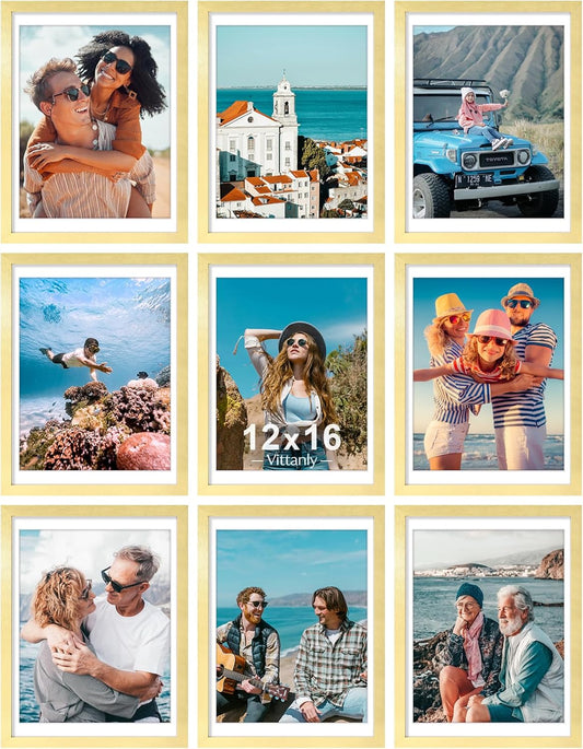 Vittanly 12x16 Picture Frames Set of 9, Shatter Resistant Plexiglass, Display 11x14 Pictures with Mat or 12x16 without Mat, Photo Frames for Wall Mount, Engineered Wood, Gold