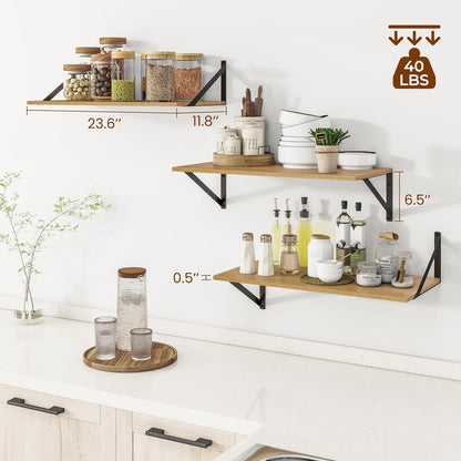 Heimlove 24" W x 12" D Wall Shelves for Books, 12 Inch Deep Floating Shelves Set of 3, Wide Floating Bookshelf with Metal Bracket for Living Room, Kitchen, Office, Bedroom and Decor Storage - Oak