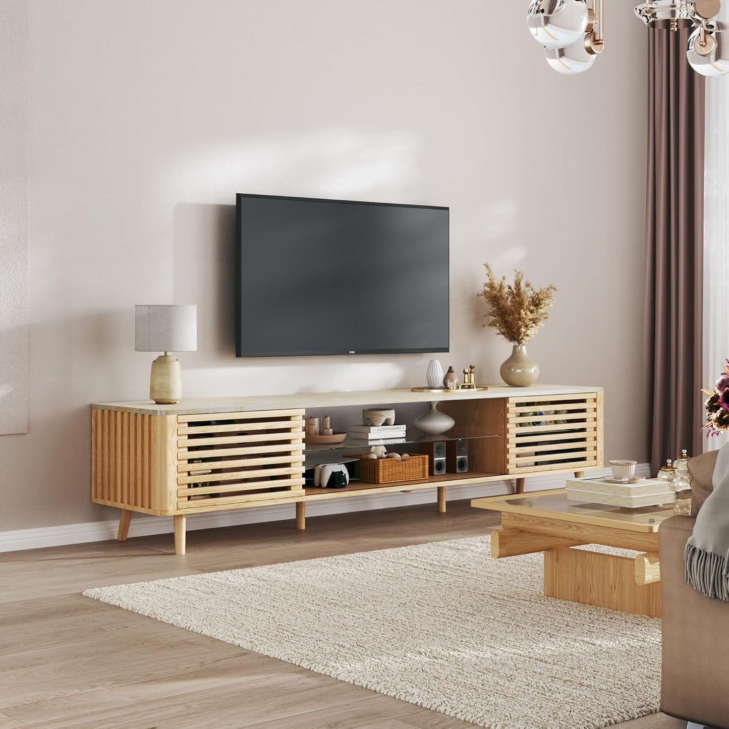 70" Mid Century Modern TV Stand for 55/65/75 Inch TV, Faux Marble Top Entertainment Center with Slatied Sliding Door & LED Lights, Low TV Console with Glass Shelves for Bedroom, Living Room