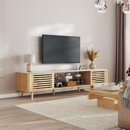 70" Mid Century Modern TV Stand for 55/65/75 Inch TV, Faux Marble Top Entertainment Center with Slatied Sliding Door & LED Lights, Low TV Console with Glass Shelves for Bedroom, Living Room