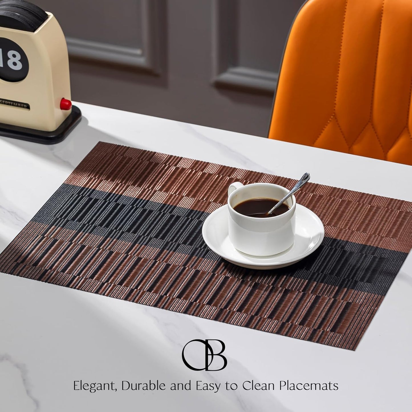Placemats Set of 4 - Easy Clean Woven Vinyl Placemats for Dining Table, Indoor/Outdoor Place Mats, Washable PVC Table Mats （Ombre Brown Black）