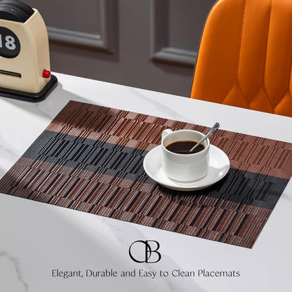 Placemats Set of 8 - Easy Clean Woven Vinyl Placemats for Dining Table, Indoor/Outdoor Place Mats, Washable PVC Table Mats （Ombre Brown Black）