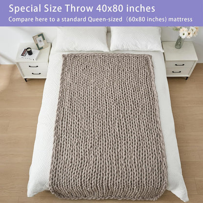Bigacogo Chunky Knit Throw Blanket for Couch, 40x80 inches, 100% Hand Knitted with Thick Jumbo Chenille Yarn, Cozy Soft Large Rope Knot Cable Crochet Blankets for Sofa Bed Living Room, Taupe