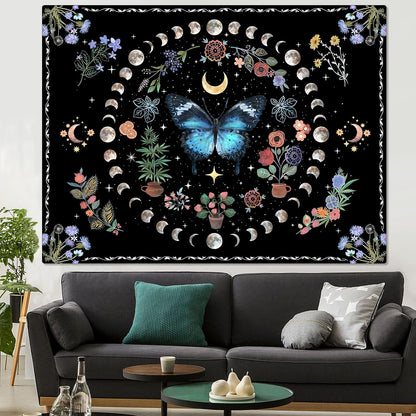 Fowocu Blue Butterfly Moon Flower Tapestry Boho Floral Plant Tapestries for Bedroom Aesthetic Nature Tapastry's Wall Hanging Mandala Botanical Wall Tapestry for Living Room Dorm (Blue, 48'' × 36'')