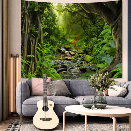 AMM Green Rainforest Tapestry Nature Forest Tapestry for Bedroom Aesthetic Misty Tropical Jungle Trees Flowing Stream Landscape Tapestries Wall Hanging for Living Room Dorm 48 x 36 Inch