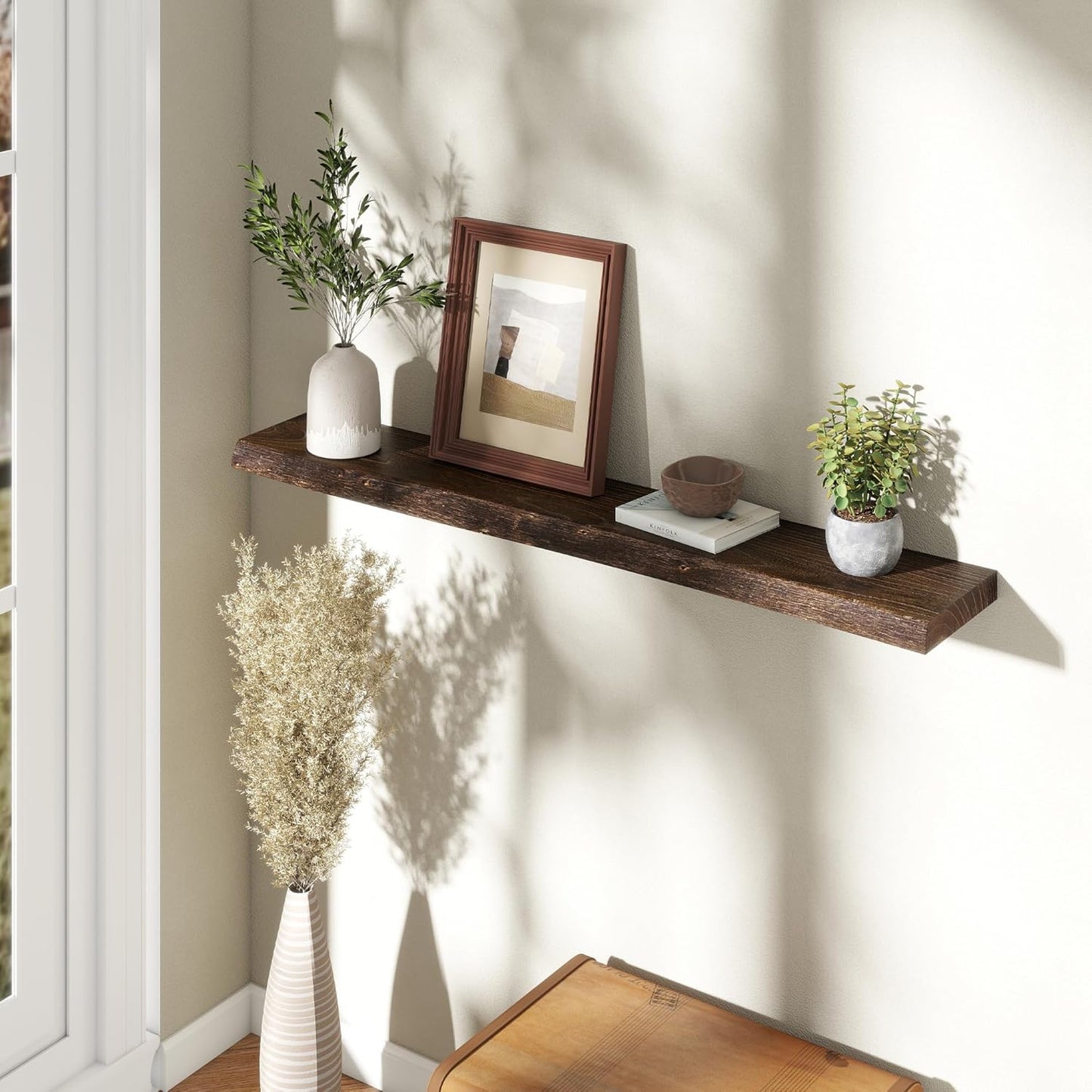 Fun Memories 48" Floating Shelves for Wall, Live Edge Solid Elm Wood Floating Shelf with Invisible Bracket, Wall Mounted Display Wooden Shelves for Bathroom, Kitchen, Bedroom, Walnut Color, Set of 1