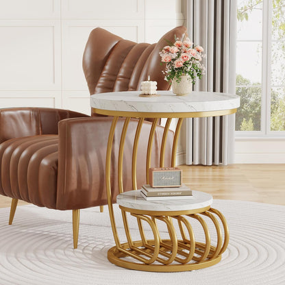 Tribesigns Gold Round End Table: 2 Tiers Faux Marble Side Table with Storage Shelf, Modern White Gold Bedside Nightstand, Metal Arc-Shaped Frame Accent Table for Living Room, Bedroom