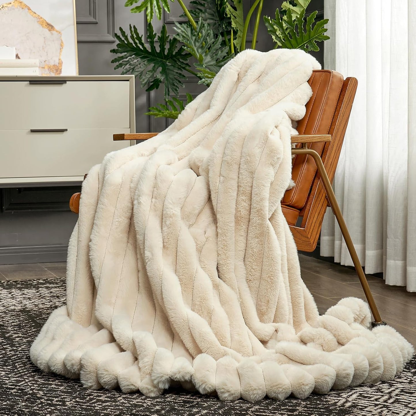 Cozy Bliss Faux Fur Throw Blanket for Couch, Cozy Warm Plush Striped Blanket for Sofa Bedroom Living Room,50 * 60 Inches Beige