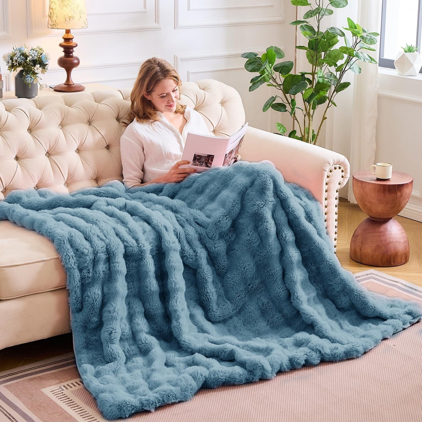 Lotus Karen Faux Fur Throw Blanket Sky Blue - Big Bubble Rabbit Fluff Blanket for Couch Bed Sofa,Softest Fluffy Fuzzy Cozy Blanket,Thick Furry Plush Shaggy Warm Blankets for Women,108x90 Inches