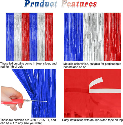 12 Pack 4th of July Decorations, 3.28 FT x 7.05 FT Patriotic Tinsel Backdrop, Metallic Blue Silver Red Fringe Curtains Party Streamer Foil Backdrop, Independence Day Party Supplies Patriotic Decor