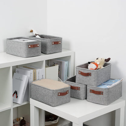 DULLEMELO Small Storage Baskets 11.8"x7.9"x5.1", Fabric Storage Bins for Shelves,Closets,Nursery,Home,Office [3 Pack], Collapsible Storage Baskets with Leather Handles (Gray)
