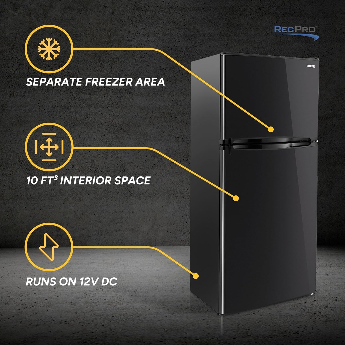 RecPro 10 Cu Ft 12V RV Refrigerator | Black Frost-Free Fridge with Freezer | Double Door, Adjustable Shelves, Reversible Door, Built-In Lock | 23.5”W x 26”D x 59”H | Off-Grid & Dry Camping Ready