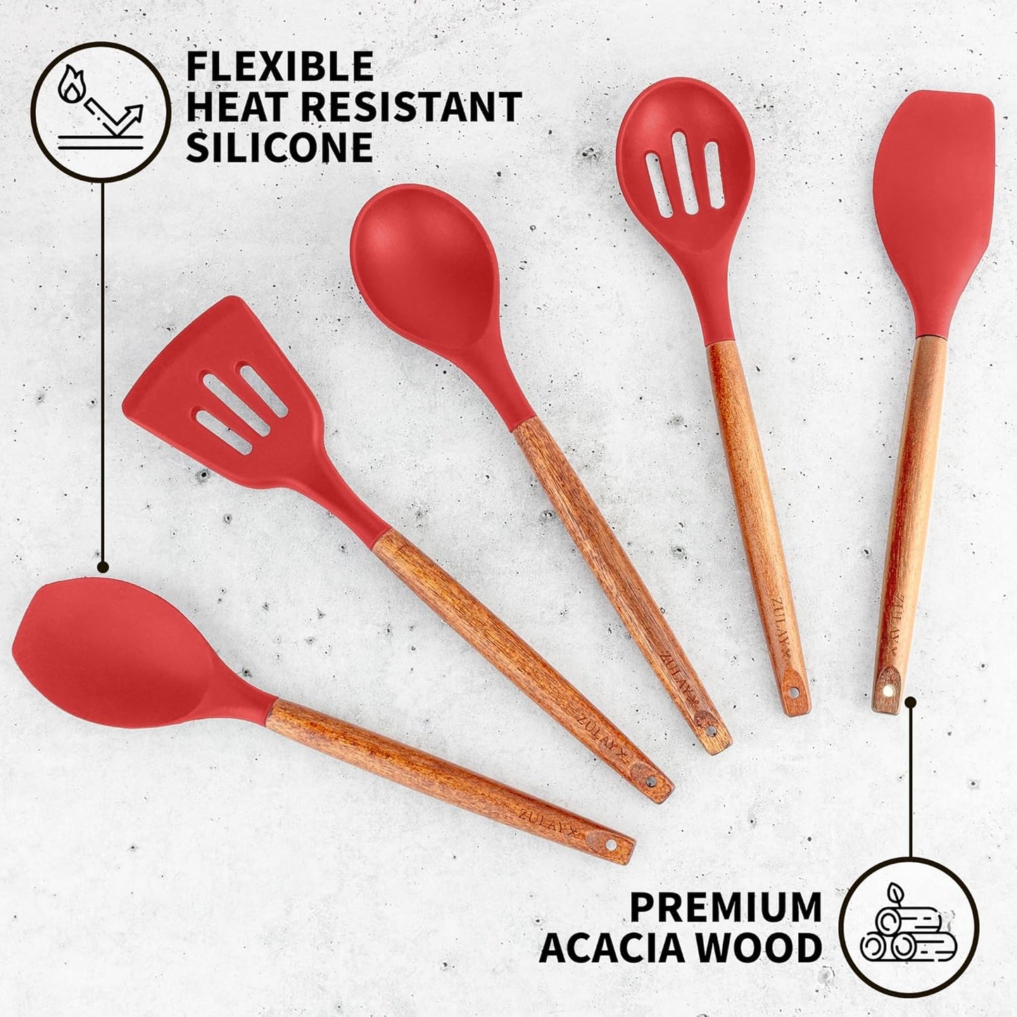 Zulay Kitchen Utensils Set Non-Stick Silicone Cooking Utensils Set with Authentic Acacia Wood Handles - 5 Piece Silicone Utensil Set - Silicone Kitchen Utensils Set with 464°F Heat Resistance - Red