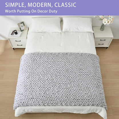 Bigacogo Chunky Knit Throw Blanket for Couch, 40x80 inches, 100% Hand Knitted with Thick Jumbo Chenille Yarn, Cozy Soft Large Rope Knot Cable Crochet Blankets for Sofa Bed Living Room, Light Grey