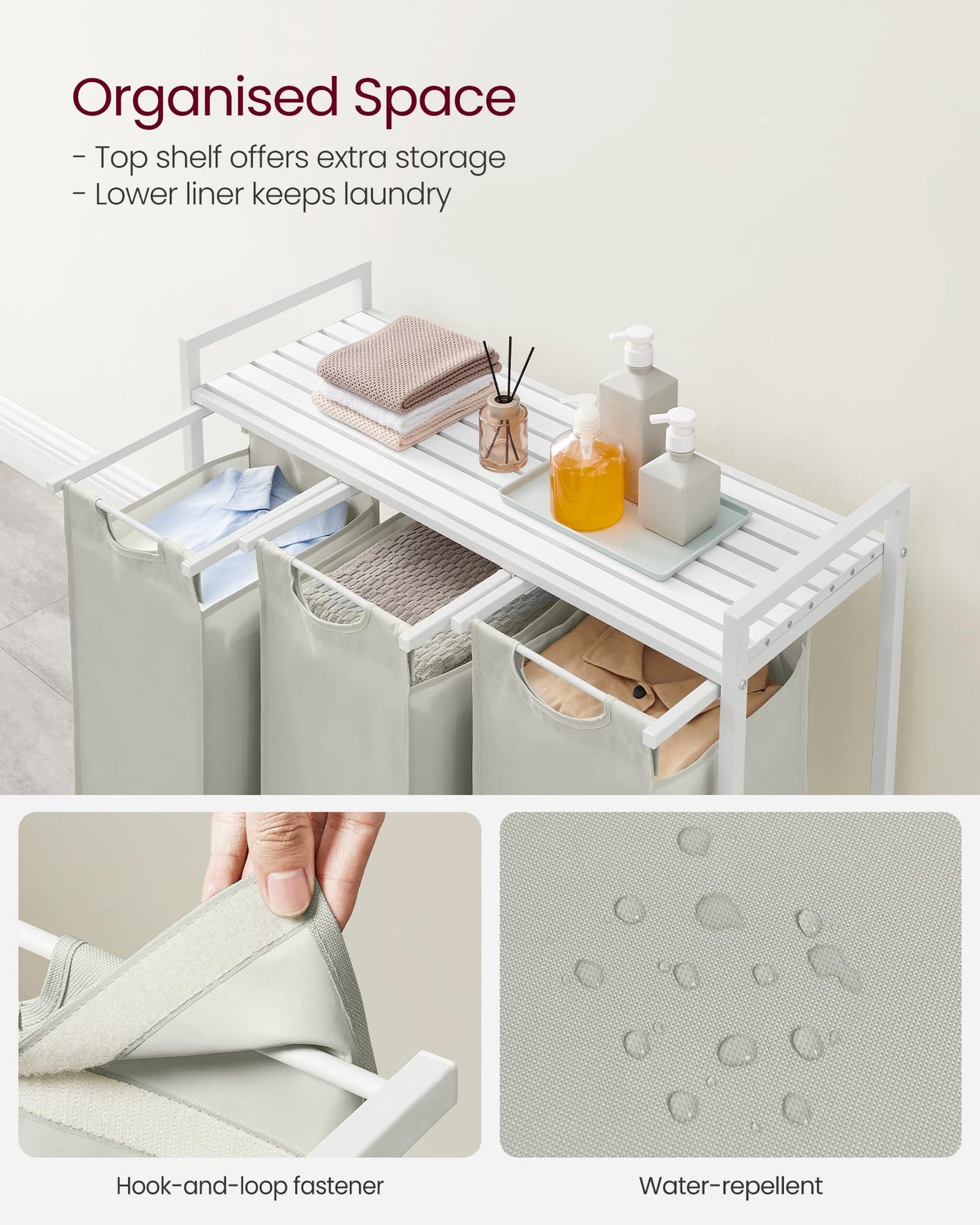 VASAGLE Laundry Hamper, Laundry Basket, Laundry Sorter with 3 Pull-Out and Removable Bags, Shelf