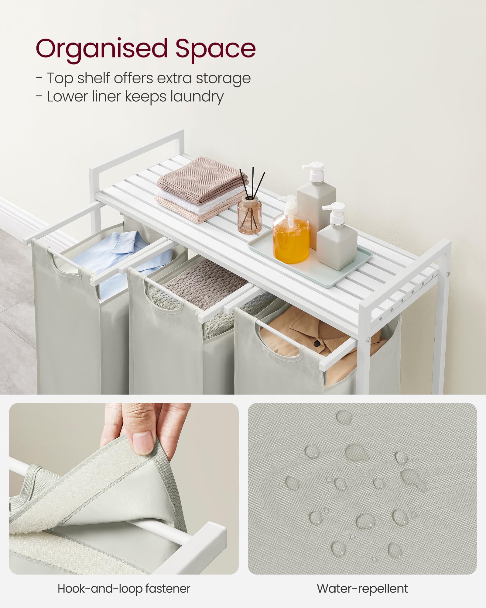 VASAGLE Laundry Hamper, Laundry Basket, Laundry Sorter with 3 Pull-Out and Removable Bags, Shelf