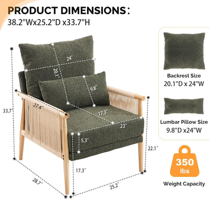 VINGLI Boho Braid Accent Armchairs Set of 2,Mid-Century Modern Chiars with Solid Wooden Armrest,Comfy Louge Cushion Chairs with Waist Pillow for Bedroom,Living Room,Reading Room, Dark Green