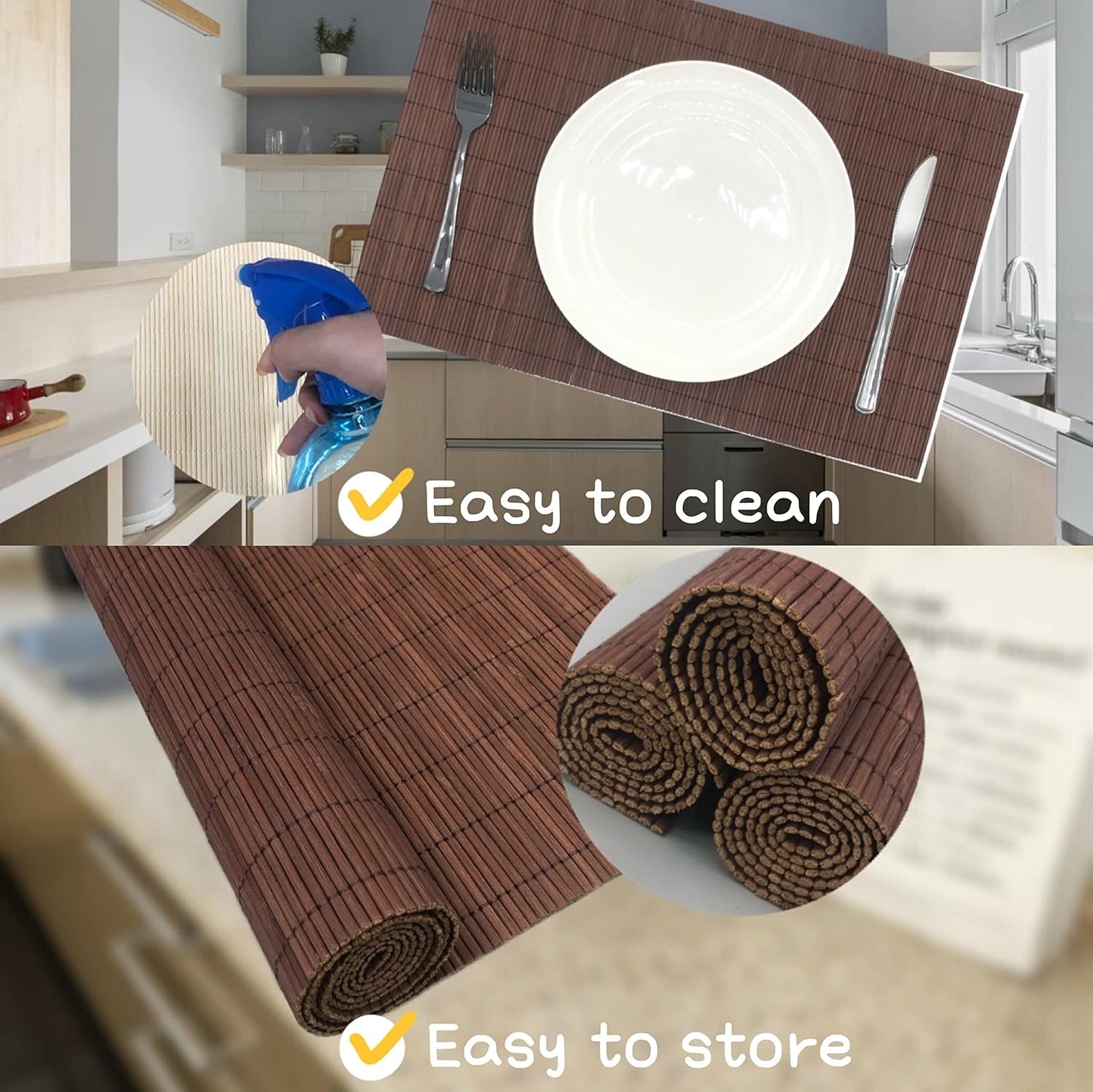ANDSTAR Set of 8 Pcs Bamboo Placemats Sushi Rolling Mat Japanese Style Natural Anti-Slip Bamboo Placemats Washable Heat-Resistant Table Mats for Dining Room and Kitchen（Chocolate）