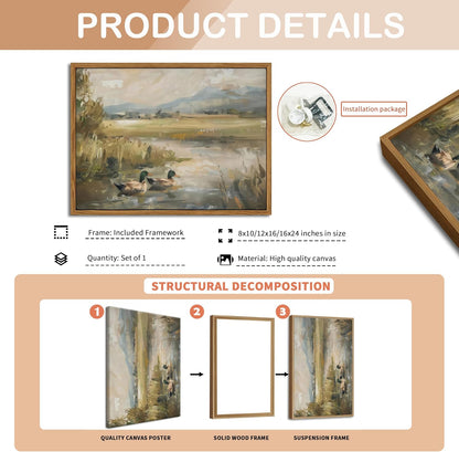 Floating Framed Canvas Wall Art, Vintage Mallard Duck Oil Paintings Print, Countryside Art Wildlife Nature Pond Wall Decor for Living Room, Bedroom, Office, Rustic Decor 8x10 inch