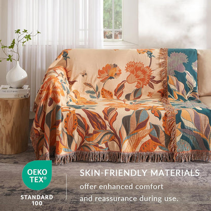 Boho Throw Blanket for Couch Sofa Bed, 100% Cotton Woven Quilt with Tassel 60”x80”, Super Soft Muslin Blanket with Floral Printed, Decorative Reversible Bed Blanket/Cover for All Seasons