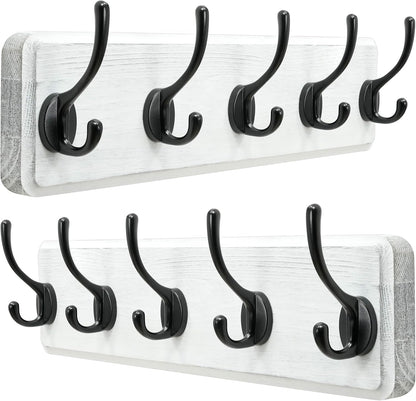 Dseap Coat Rack Wall: Patented, Heavy-Duty, 5-Double-Hooks Wooden Wall Mounted Coat Rack Coat Hanger Hook Rail for Winter Coats Hat Jacket Clothing, White & Black, Pack of 2