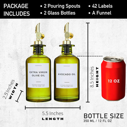 Green Glass Olive Oil Dispenser Bottle For Kitchen By Verpsace,Avocado Oil Dispenser Set, Modern Decor, Gold Kitchen Accessories for Home, Airbnb, Cafe (Gold, Set of 2)