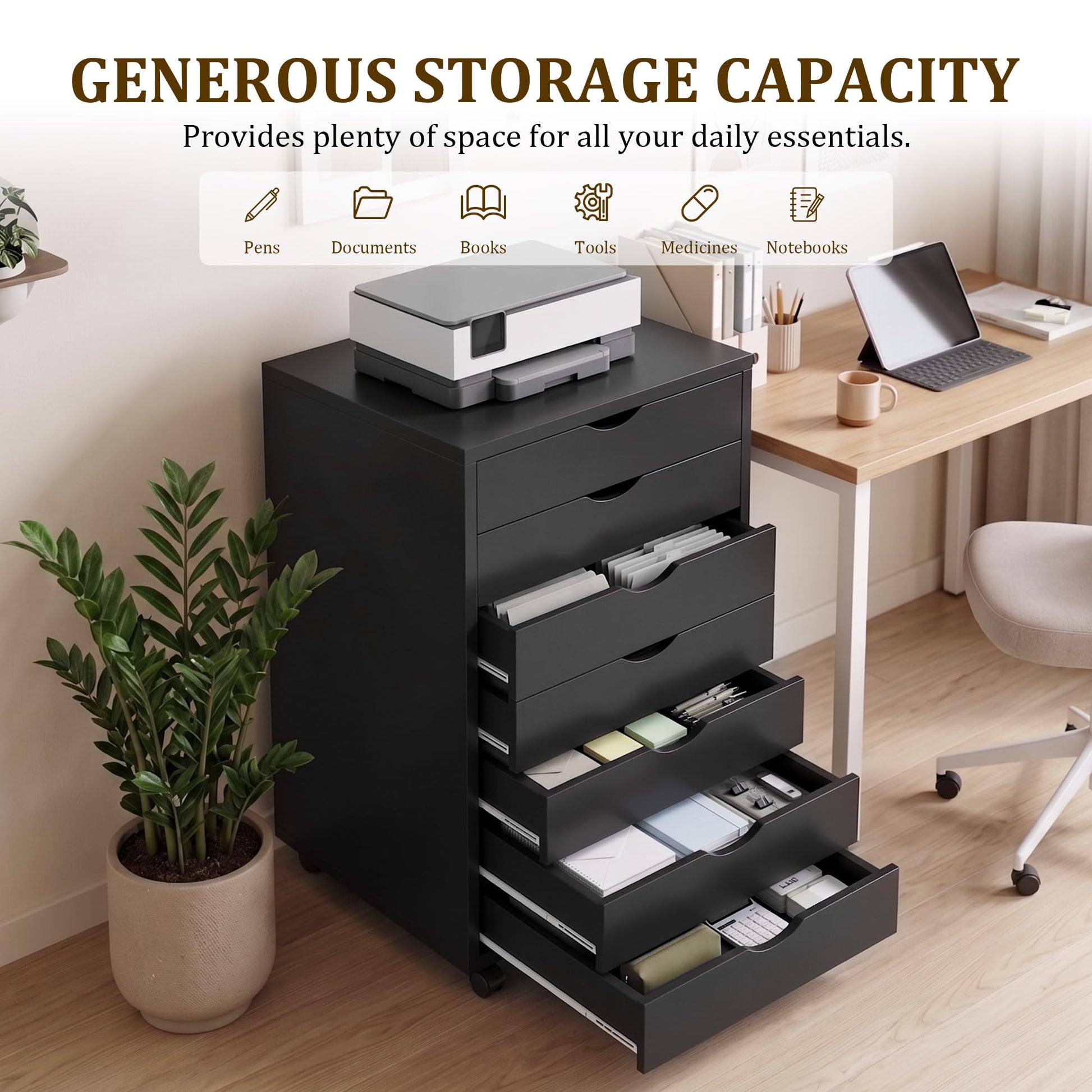 7 Drawer File Cabinet, Storage Drawers with Wheels for Home Office