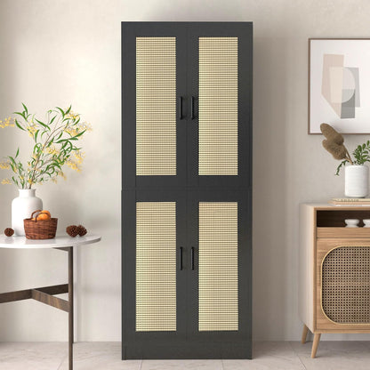 Black Rattan Kitchen Pantry, 71" Tall Storage Cabinet with Doors, Boho Hutch for Dining Room