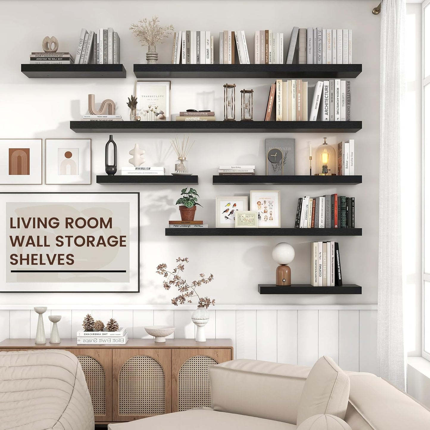 Floating Shelves - 2 Large Wall Mounted Shelves with Invisible Brackets, Long Wood Floating Wall Shelf for Living Room, Bedroom, Kitchen (Black, 36" W x 9" D x 1.5" H)
