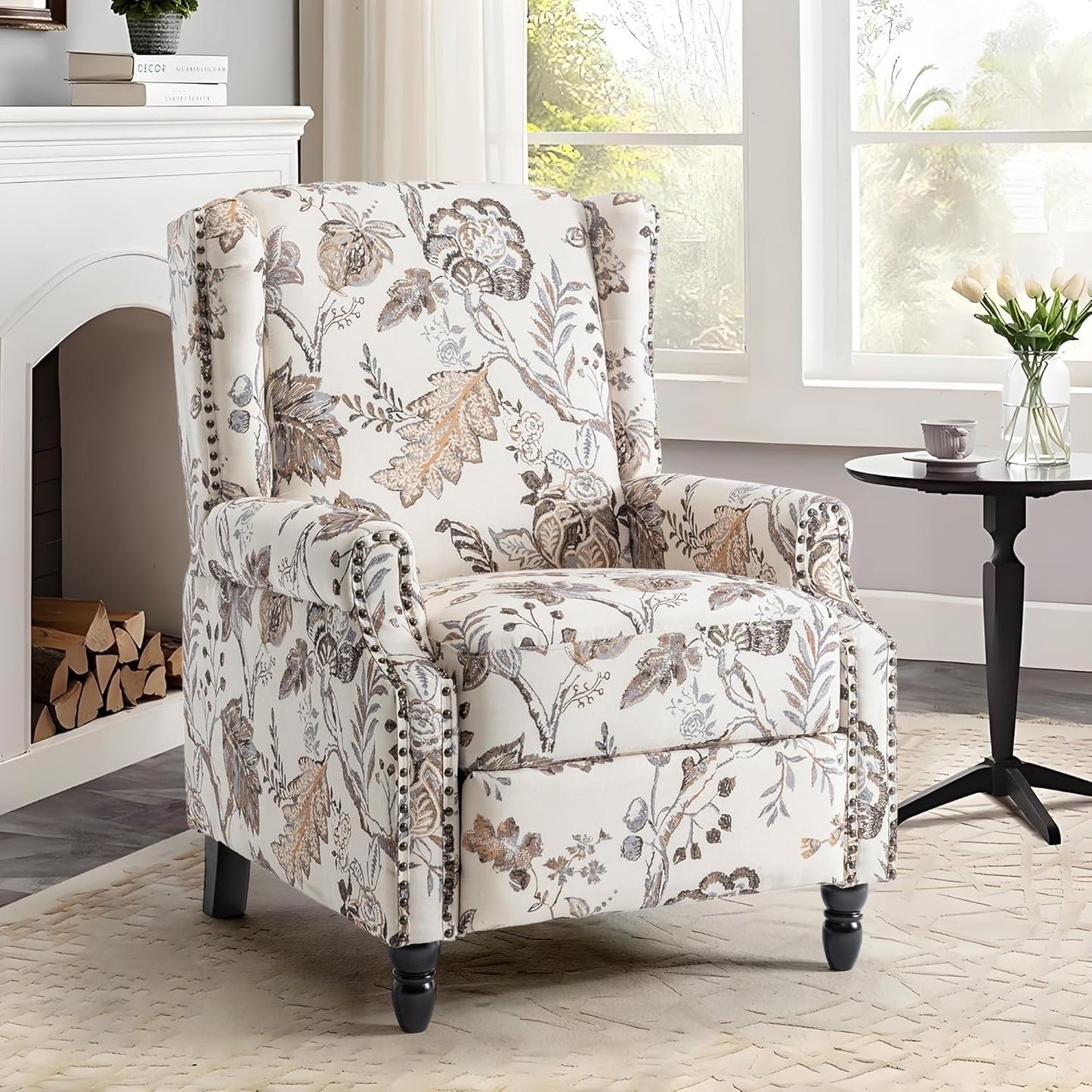 UIXE Recliner Chairs Set of 2, Fabric Upholstered Armchair Pushback Accent Chair for Living Room, Floral Rivet Trim Club Chair Home Theater Single Sofa Bedroom Side Reading Seat - Beige Plants